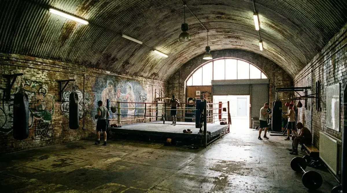 Artist's impression of Miguel's Boxing Gym in a Brixton railway arch, with exposed brick walls, murals, and a boxing ring under a curved corrugated ceiling
