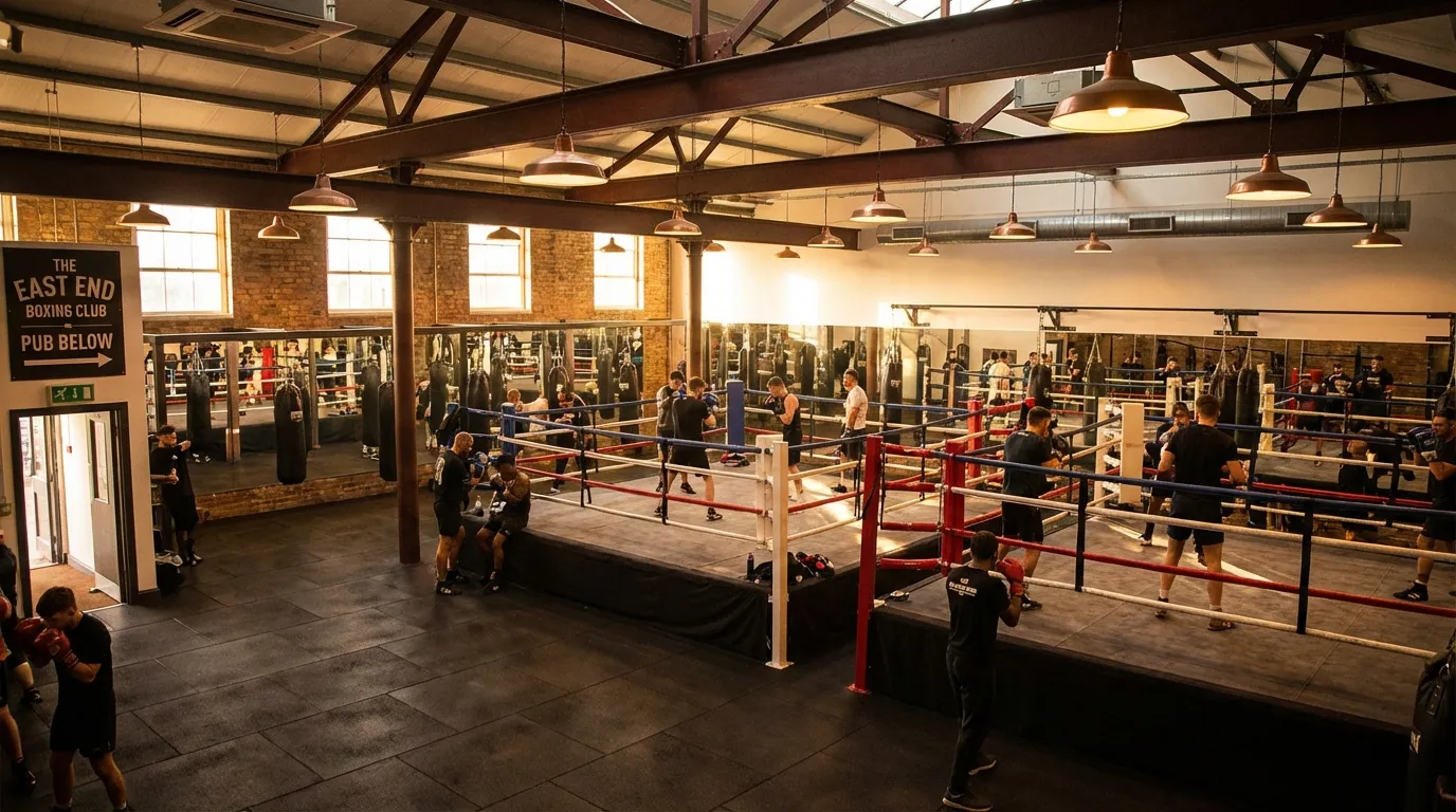 Artist's impression of Peacock Gym in Canning Town, a large professional boxing gym with three rings, steel beams, and industrial pendant lighting above a pub