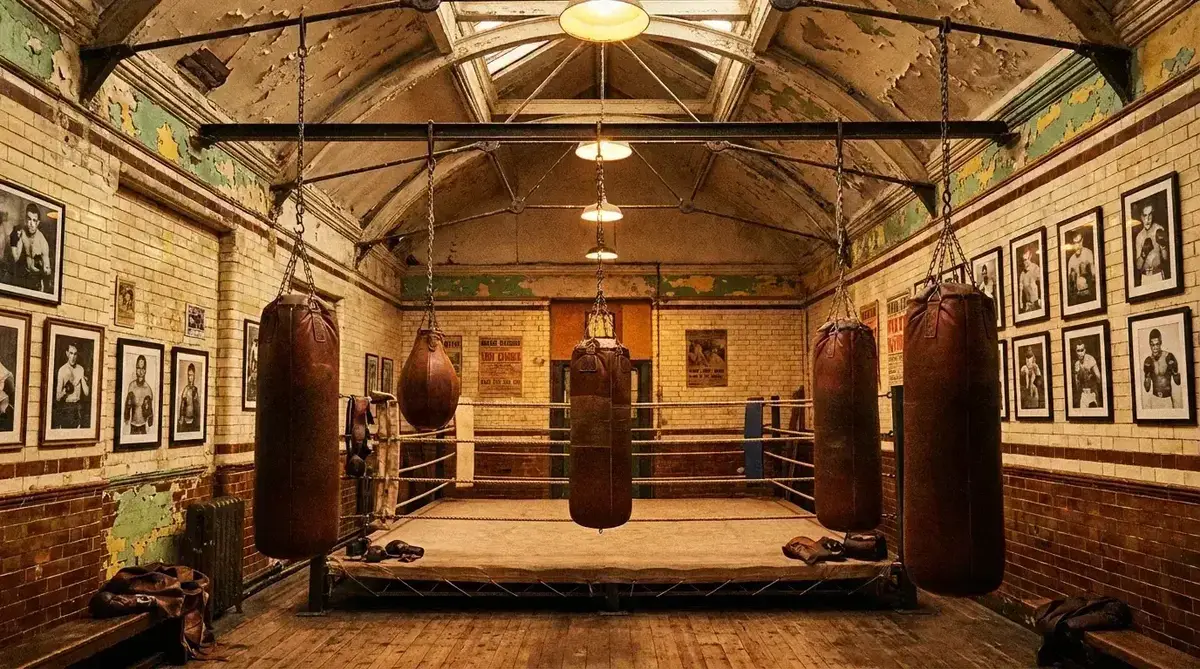 Artist's impression of Repton Boxing Club interior, showing a converted Victorian bathhouse with glazed ceramic tiles and champion photographs on the walls