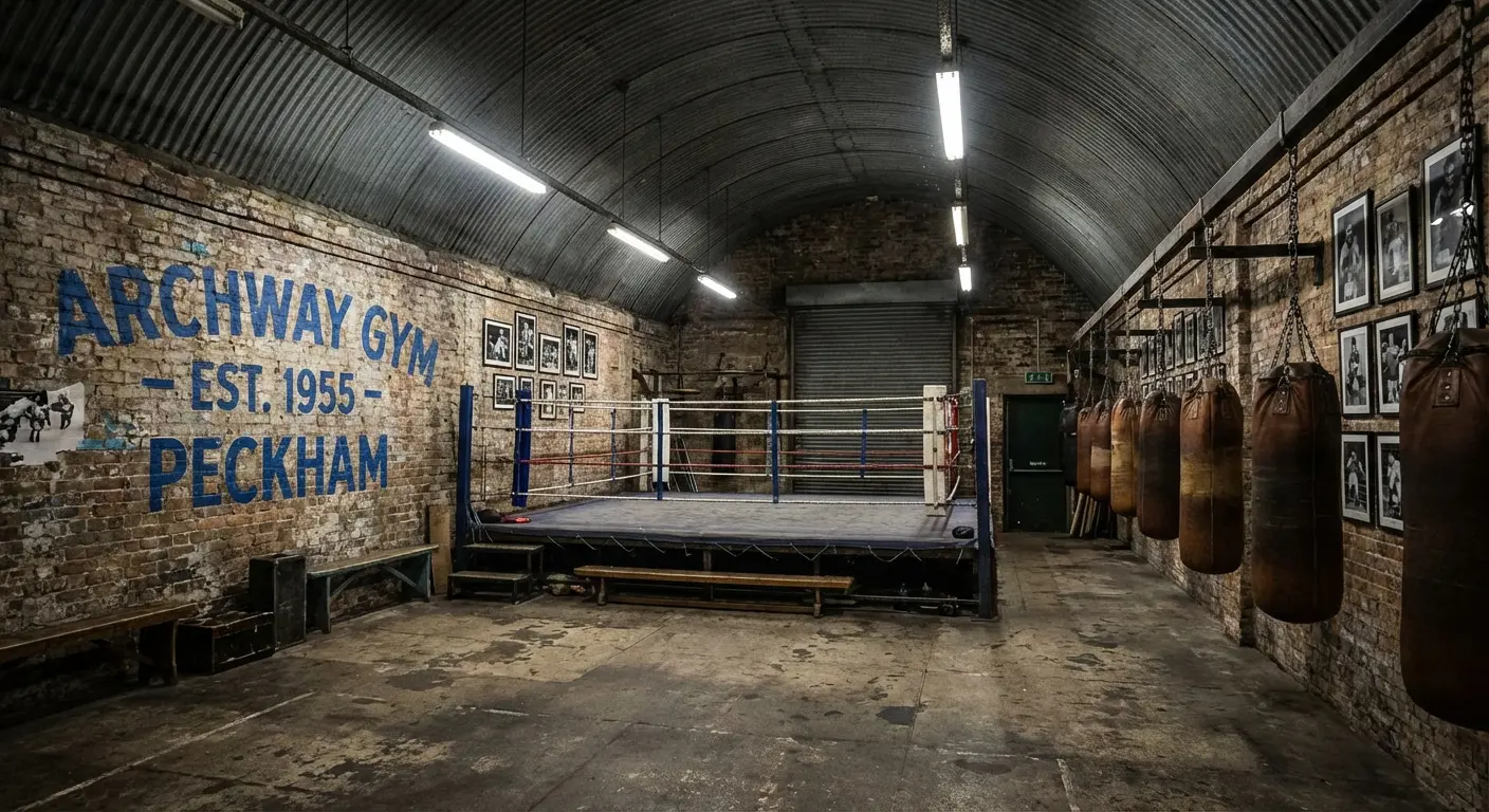 Artist's impression of a boxing gym under a railway arch, with a corrugated roof and a ring in the centre