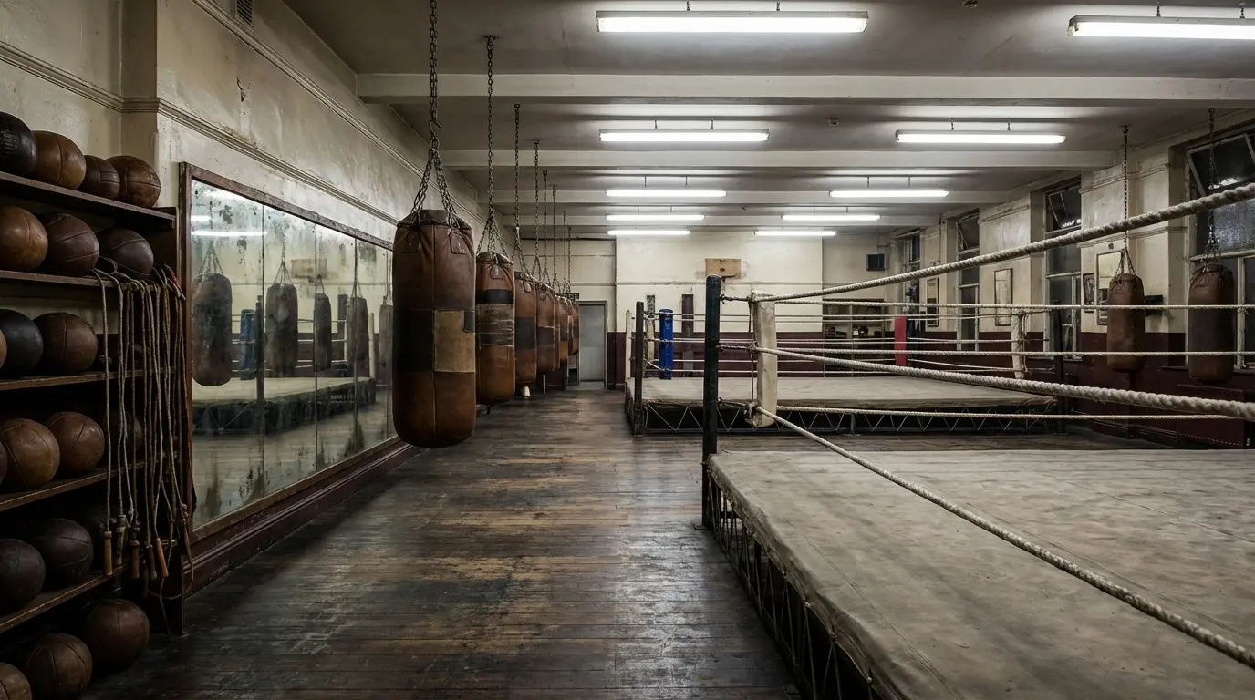 Artist's impression of West Ham Boxing Club interior with three canvas-floored rings and heavy bags