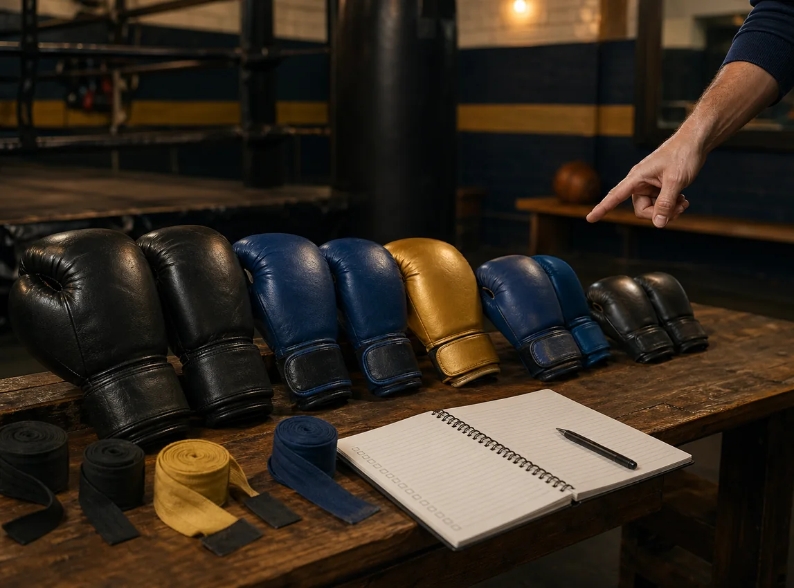 Boxing gloves and training notes at Honour and Glory