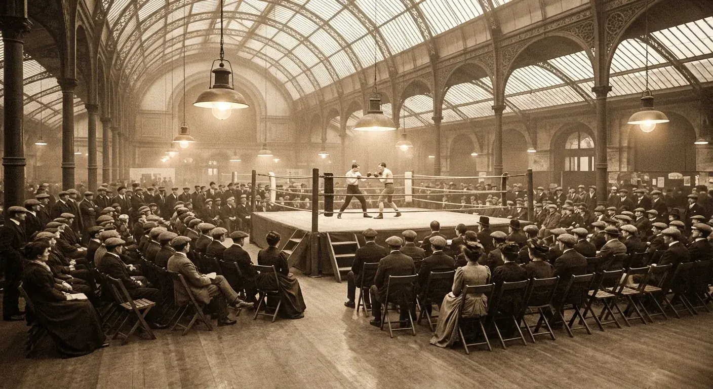 Artist's impression of early twentieth-century boxing at Alexandra Palace with a high iron roof, crowded floor seating, and a ring under exhibition lights