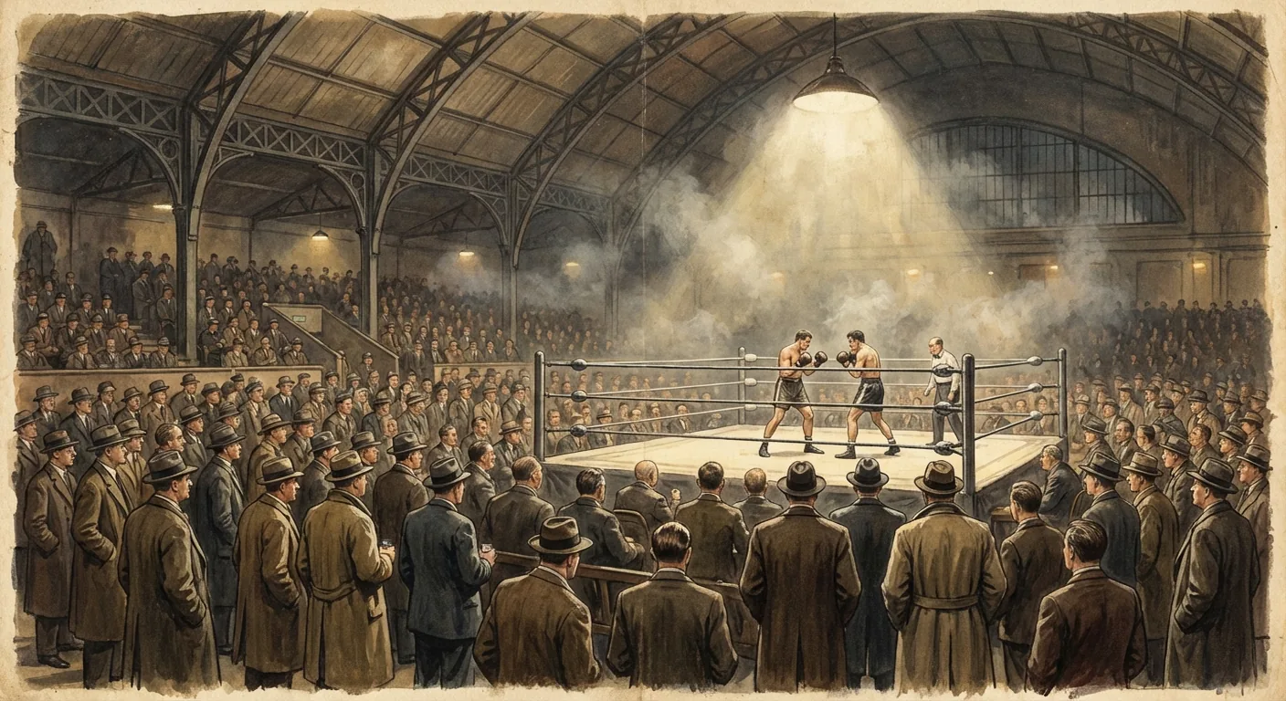 Artist's impression of a post-war boxing night at Earls Court with smoke haze, a big exhibition-hall roof, and a bright ring at the centre
