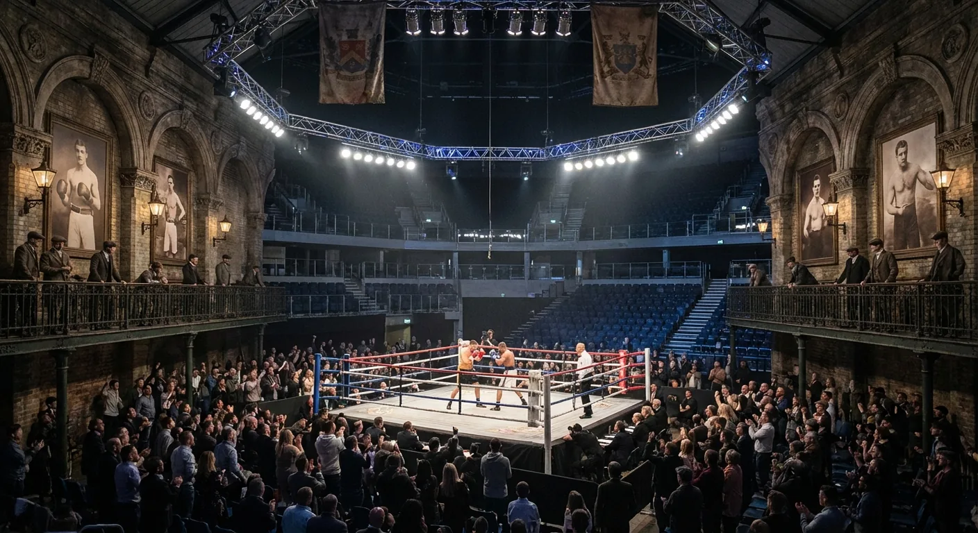 Artist's impression of London boxing history merging old hall architecture and a modern stadium fight night