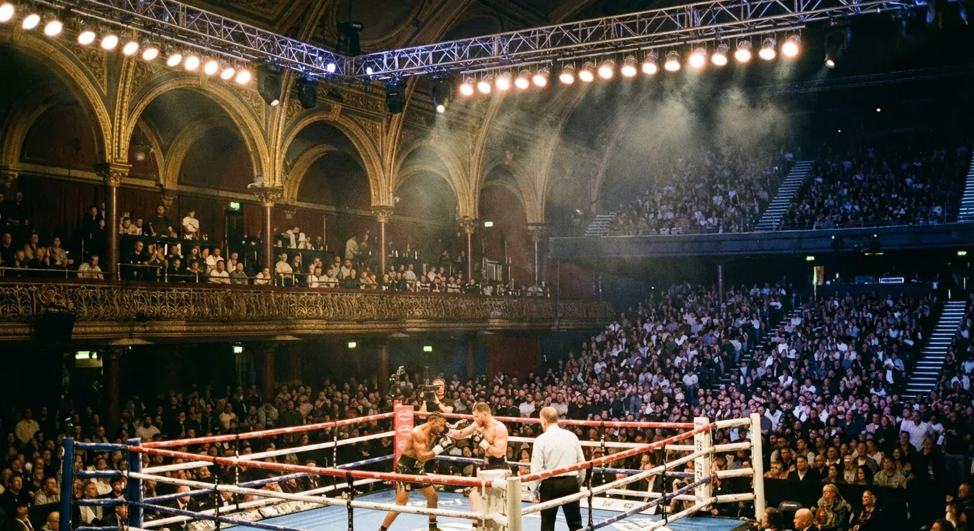 Artist's impression of a London fight night with a ring under warm lights and a crowd rising around it