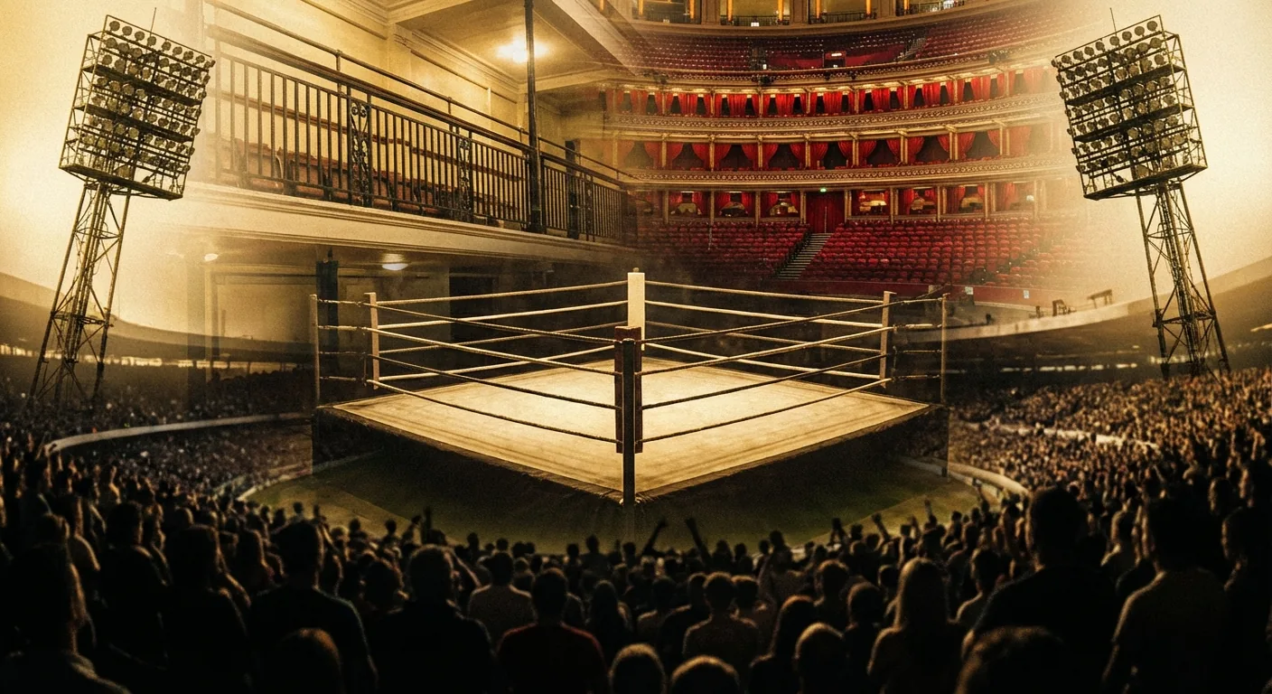 Artist's impression of a grand London boxing venue collage with ring lights, balconies, and stadium atmosphere