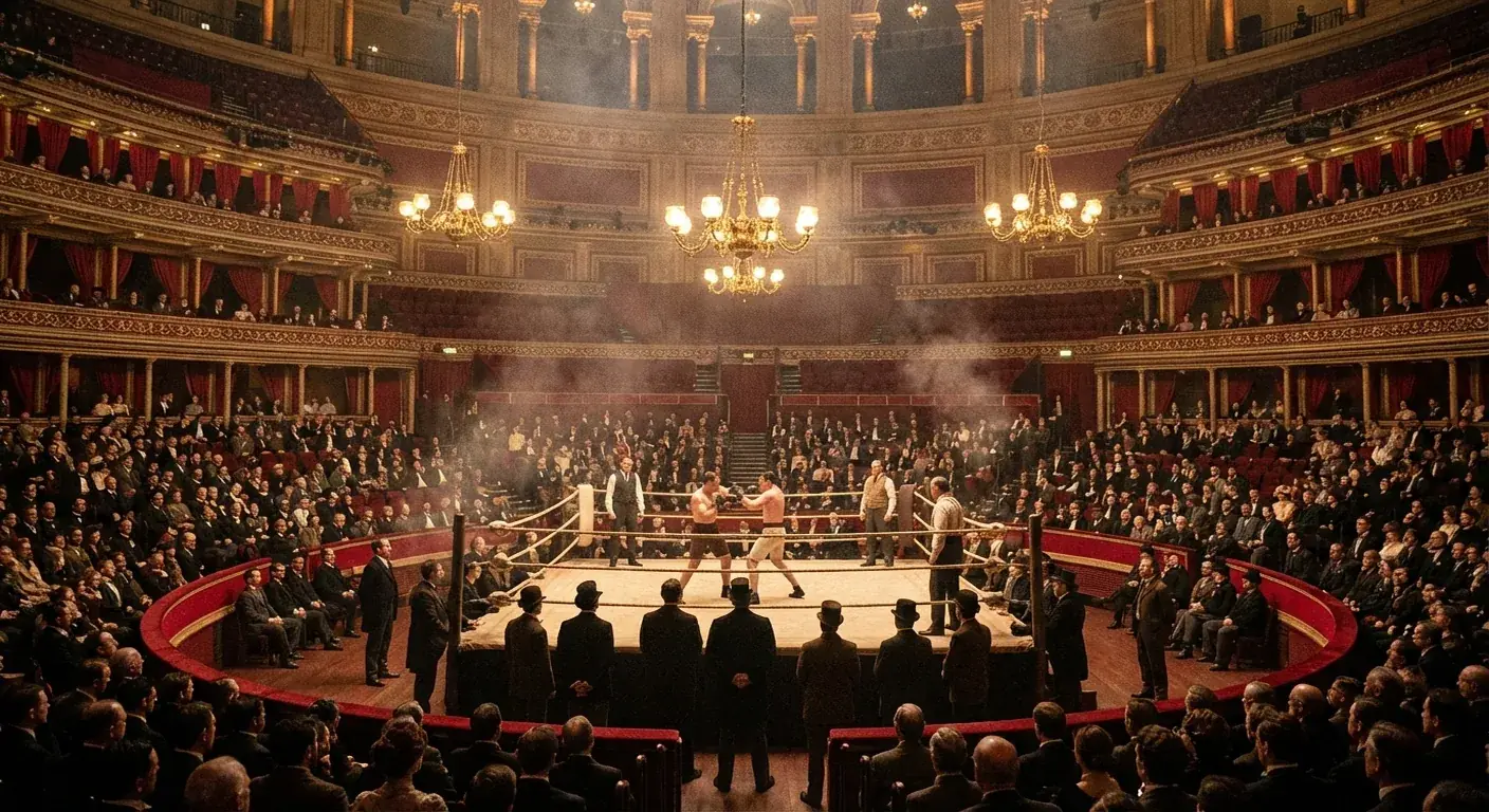 Artist's impression of boxing at Royal Albert Hall with red tiers, circular gallery, and a championship ring under soft gold light