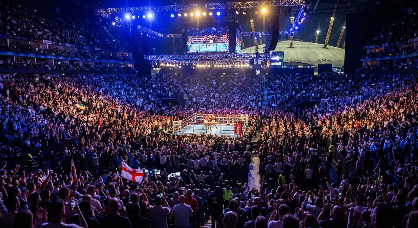 Artist's impression of a sold-out heavyweight boxing night at The O2 with blue light, steep seating, and a bright central ring