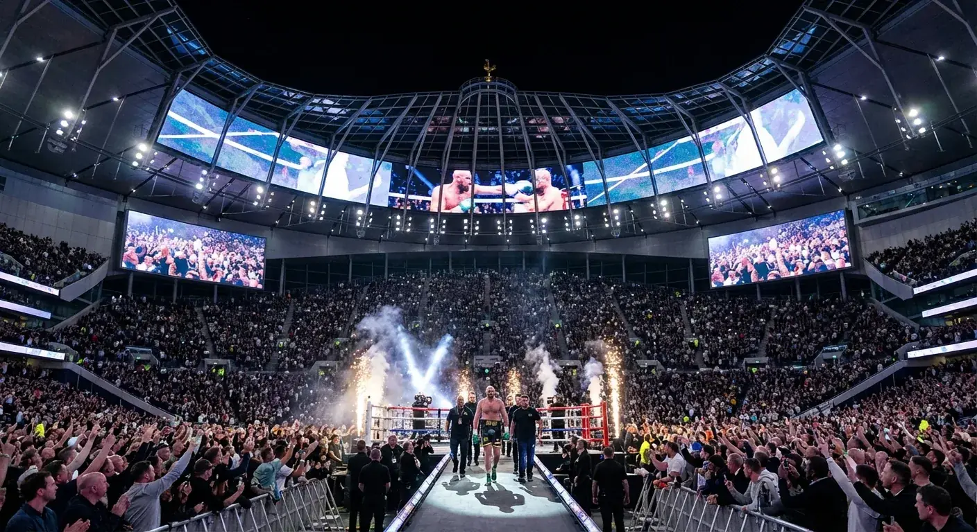 Artist's impression of heavyweight boxing at Tottenham Hotspur Stadium with ring walks, giant screens, and stadium lighting over a packed crowd