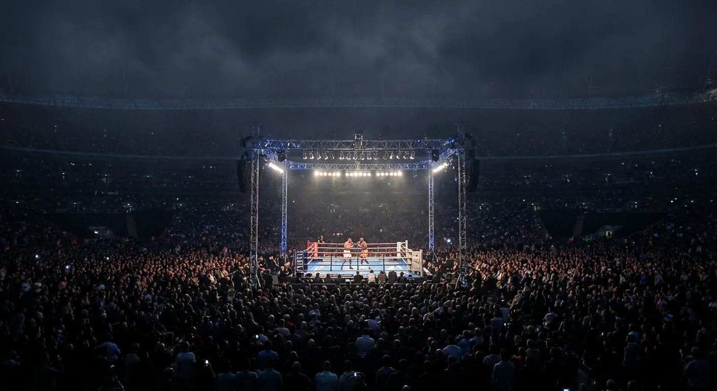 Artist's impression of a huge Wembley boxing night with a floodlit ring and thousands of fans rising into the darkness