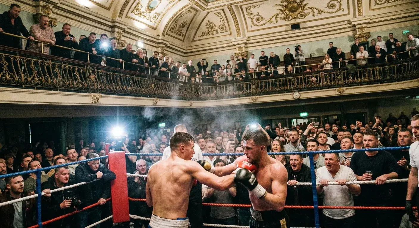 Artist's impression of York Hall with balcony railings, ornate ceiling, and a ring packed tightly by the crowd