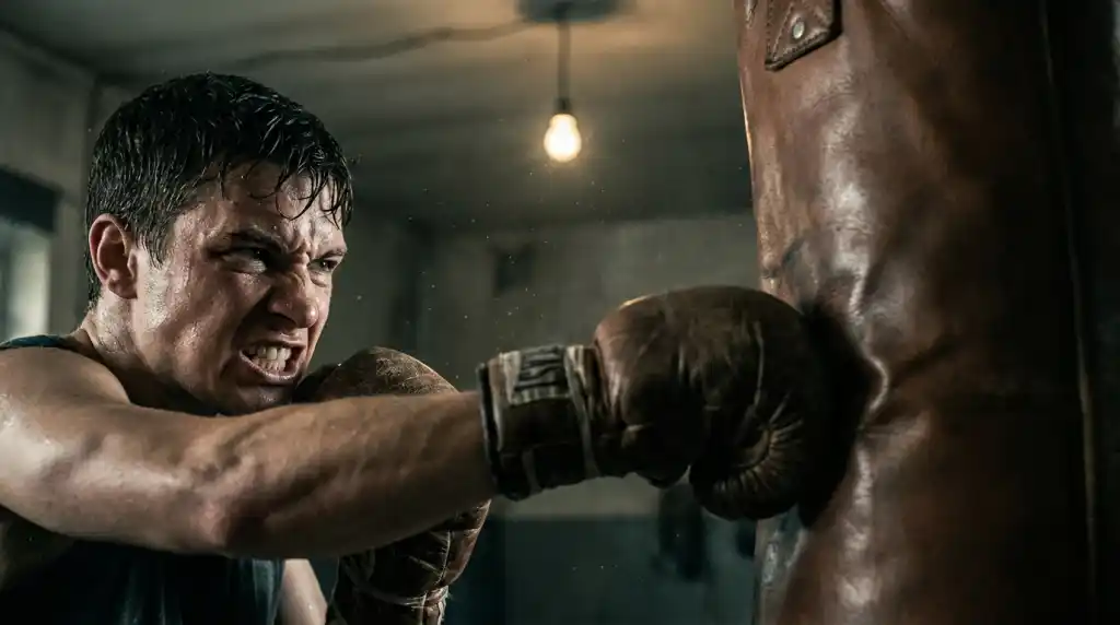 Person hitting a heavy bag with intense expression, releasing stress through controlled power