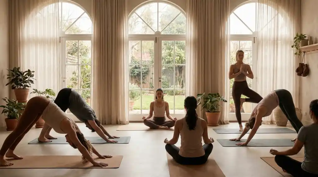 Boxer sitting on a gym bench after training, unwrapping hands with a calm, relieved expression