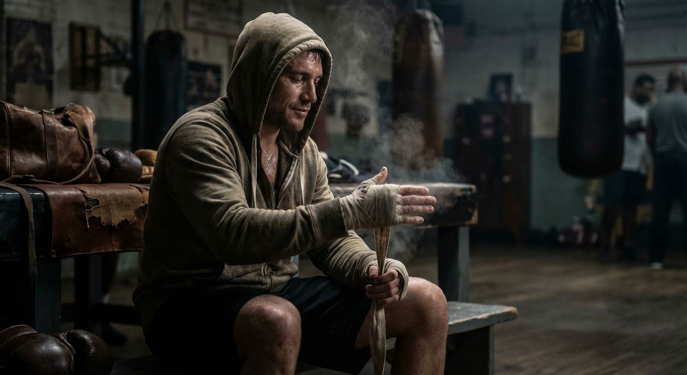 Boxer hitting a heavy bag with intense focus, releasing stress through controlled aggression