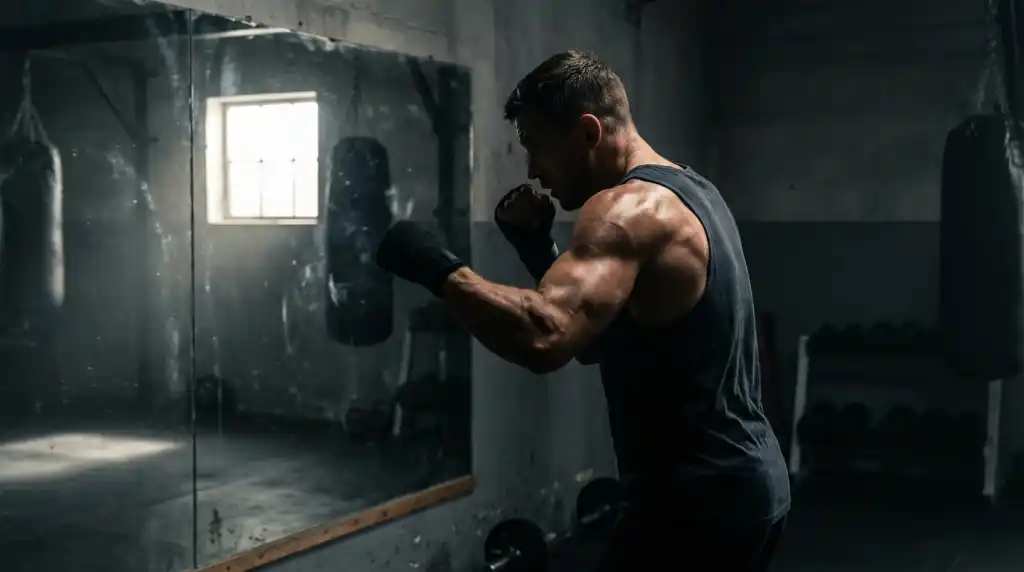 Athletic woman shadow boxing in front of a gym mirror showing defined shoulders and arms