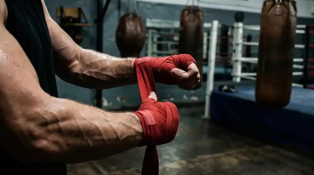Close up of a boxer's wrapped hands striking a heavy bag with visible motion and intensity