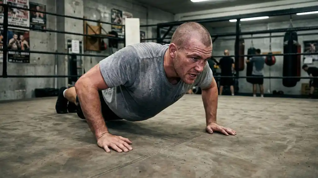 Male boxer skipping rope in a gym with natural morning light, showing lean athletic build