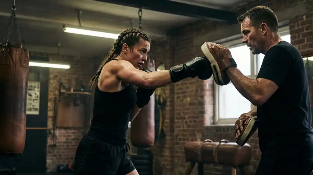 Female boxer throwing powerful hooks during pad work, visible exertion and sweat