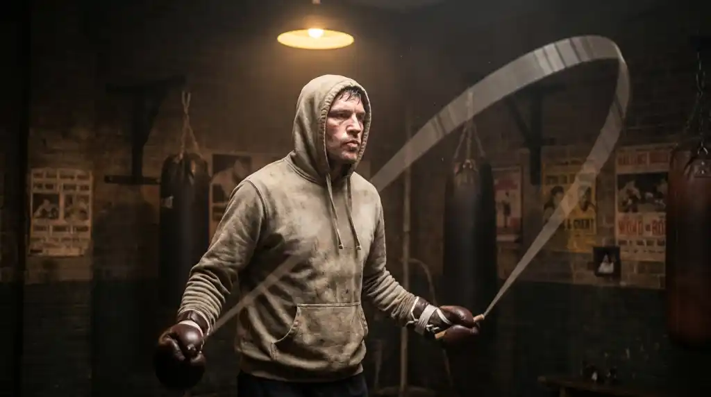 Boxer skipping rope at speed in a gym, motion blur on the rope, focused expression