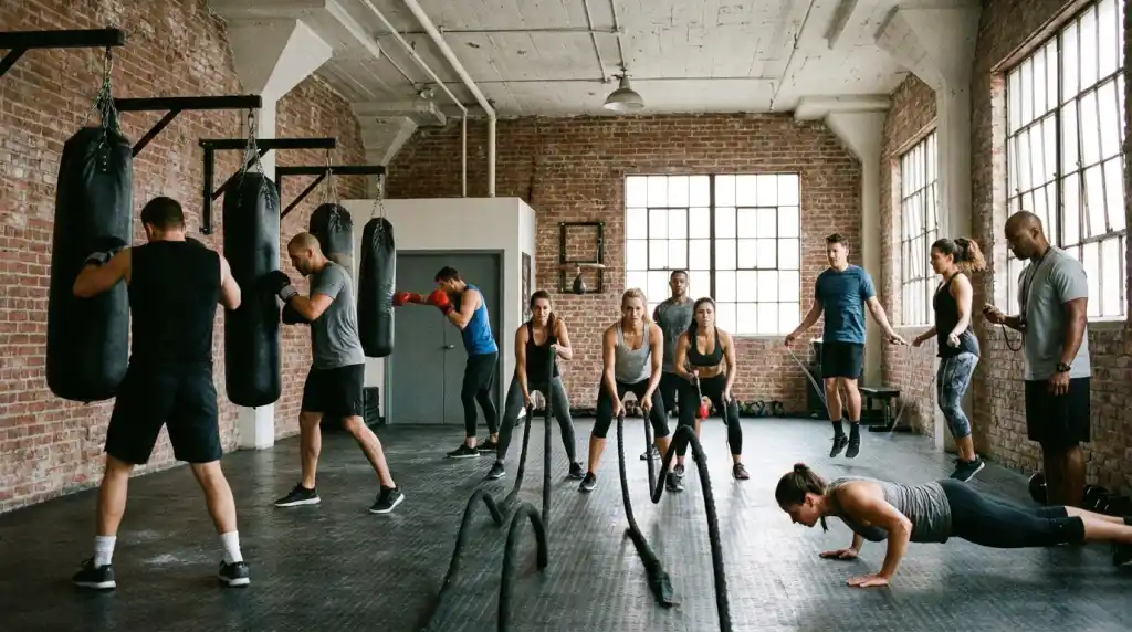 Boxing gym circuit with multiple people working heavy bags and doing conditioning drills
