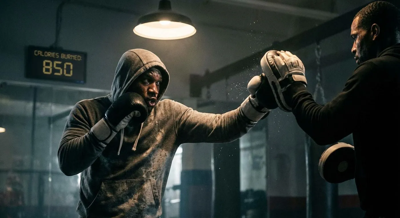 Intense boxing pad work session showing exertion and calorie-burning effort