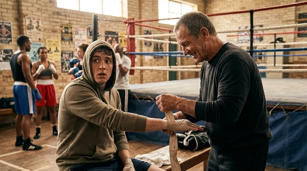 New boxer nervously getting hands wrapped by coach in a warm, welcoming boxing gym atmosphere