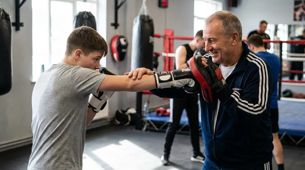 Beginner learning the jab technique on pads with a patient coach guiding their arm position