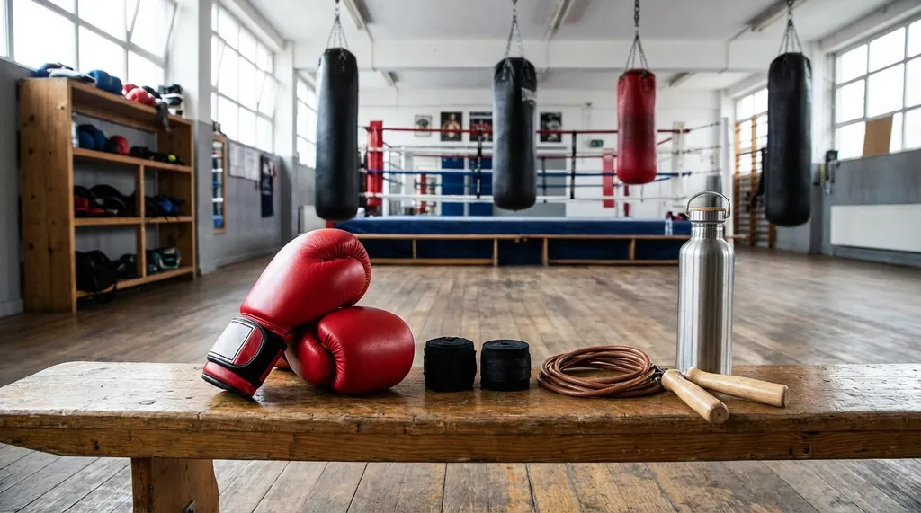 Boxing gym equipment laid out for beginners: gloves, hand wraps, skipping rope, and water bottle on a bench