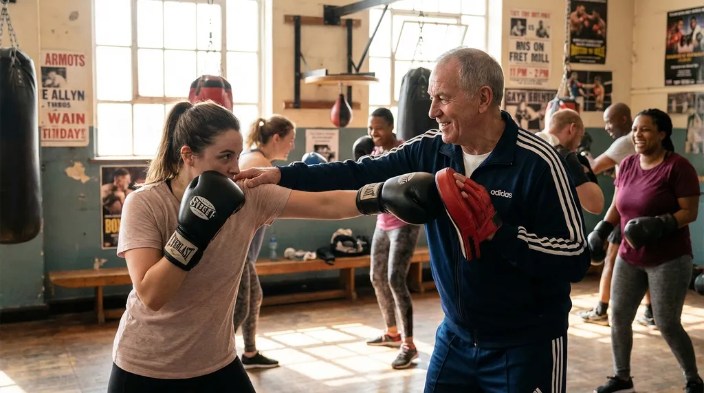Beginner boxer learning to throw a cross punch with a coach giving encouragement in a community gym