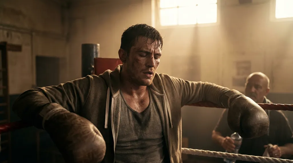 Boxer catching breath between rounds, showing the intensity and mental resilience required in training
