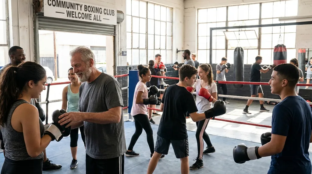 Diverse group of boxers smiling and training together at a community boxing club, showing the supportive atmosphere