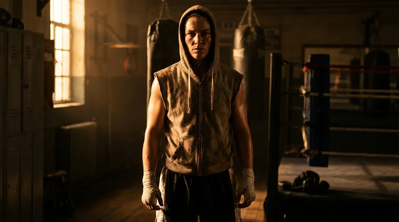 Determined boxer standing tall in a gym, wrapped hands at sides, radiating quiet confidence after a training session