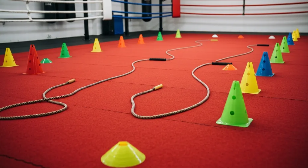 Group of children in a boxing class doing fitness drills including skipping and shadowboxing