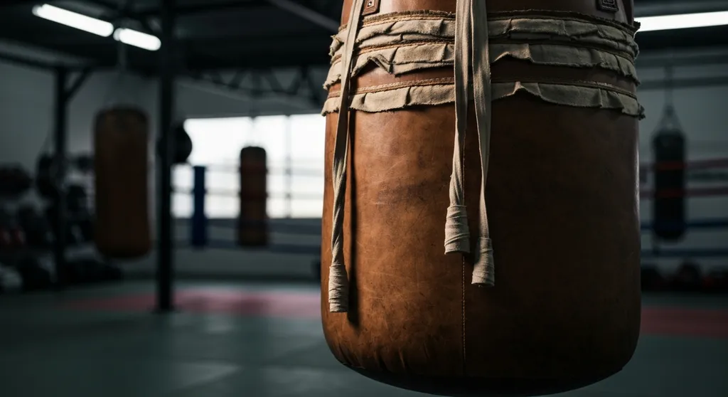 Teenager around 14 years old training on a heavy bag with proper form and focus