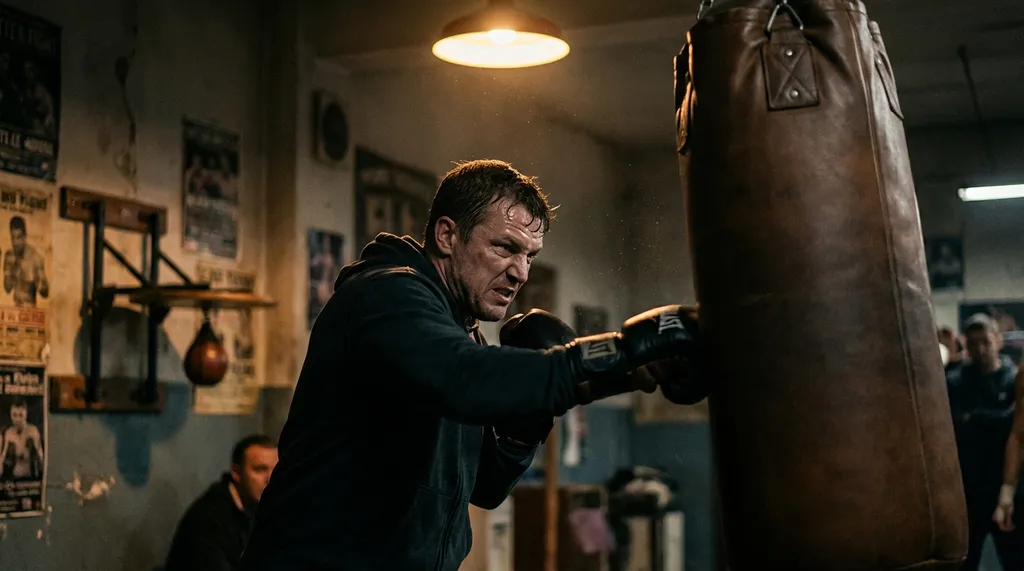 Boxer hitting a heavy bag with intense focus and concentration, sweat visible, demonstrating stress release through boxing