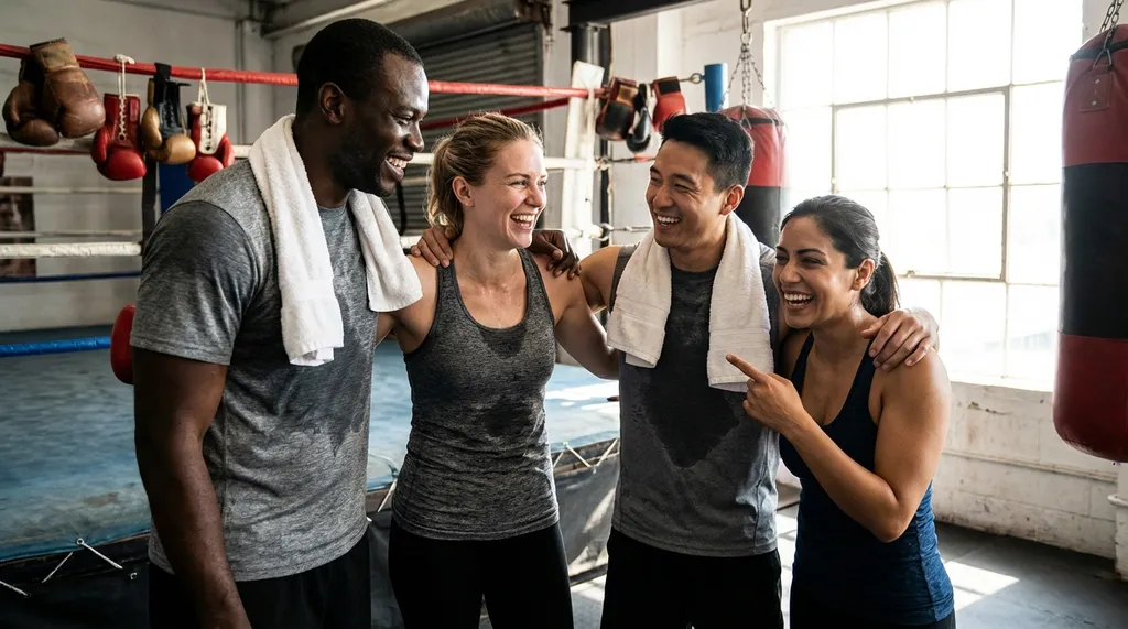 Diverse group of people laughing and bonding after a boxing training session, towels around necks, genuine community spirit