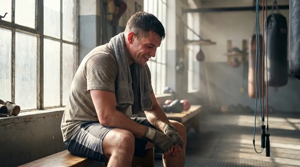 Calm boxer sitting on a gym bench after training, peaceful exhausted expression, towel around neck, experiencing post-workout serenity