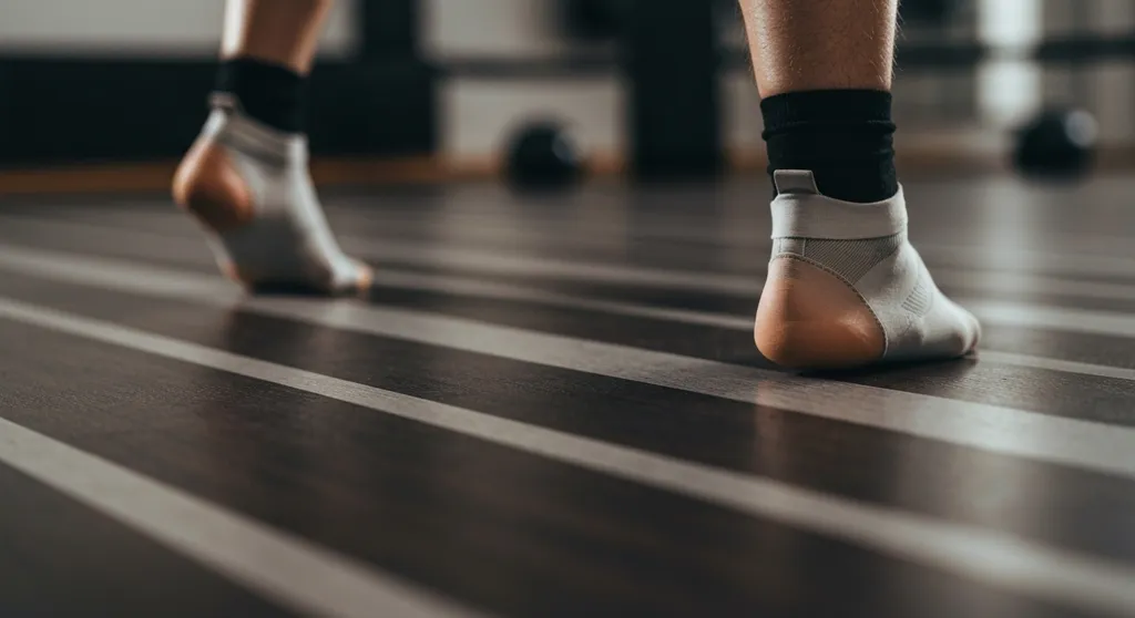 Close-up of boxing footwork drill showing feet moving on canvas demonstrating distance management