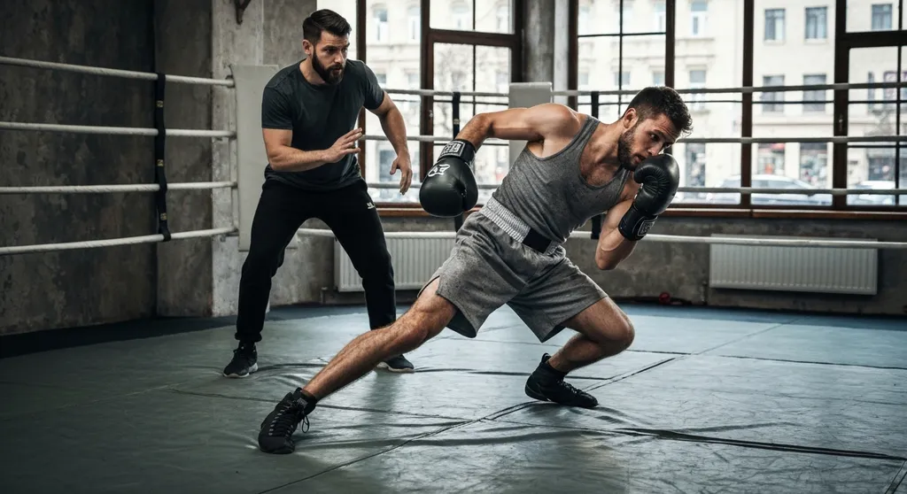 Boxer practising defensive head movement with slipping and weaving while coach watches