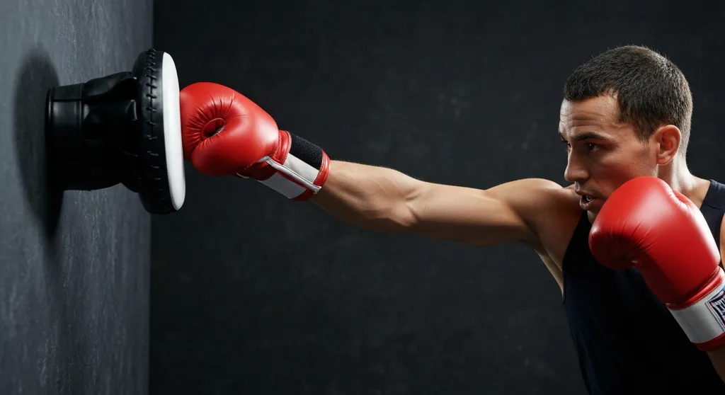 Boxer throwing a straight right hand at focus pads demonstrating a clean practical strike