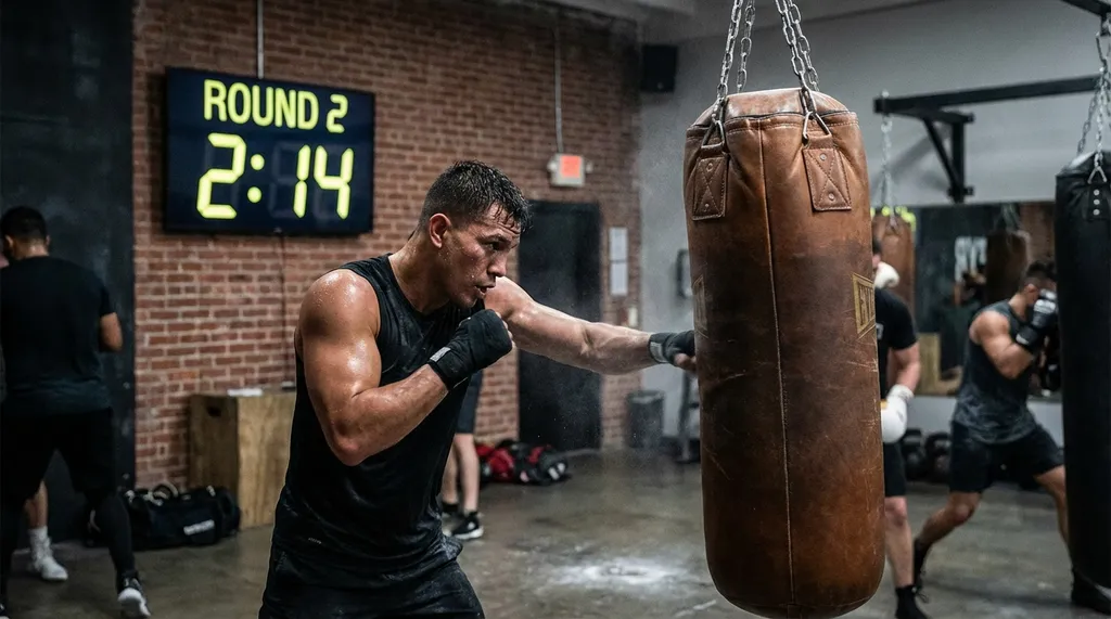 Intense boxing training session with a boxer throwing powerful combinations at a heavy bag, gym timer showing the round in progress