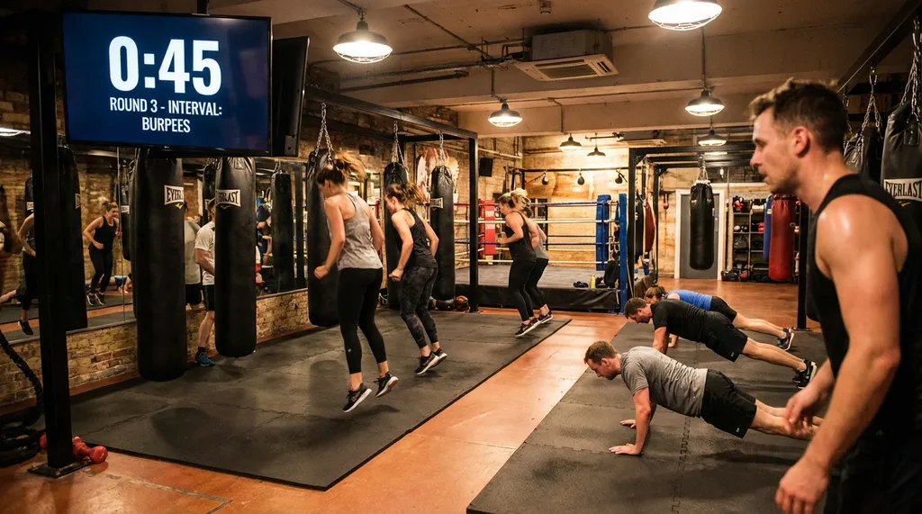 Boxing circuit training class with people doing conditioning exercises between bag rounds, high energy group workout