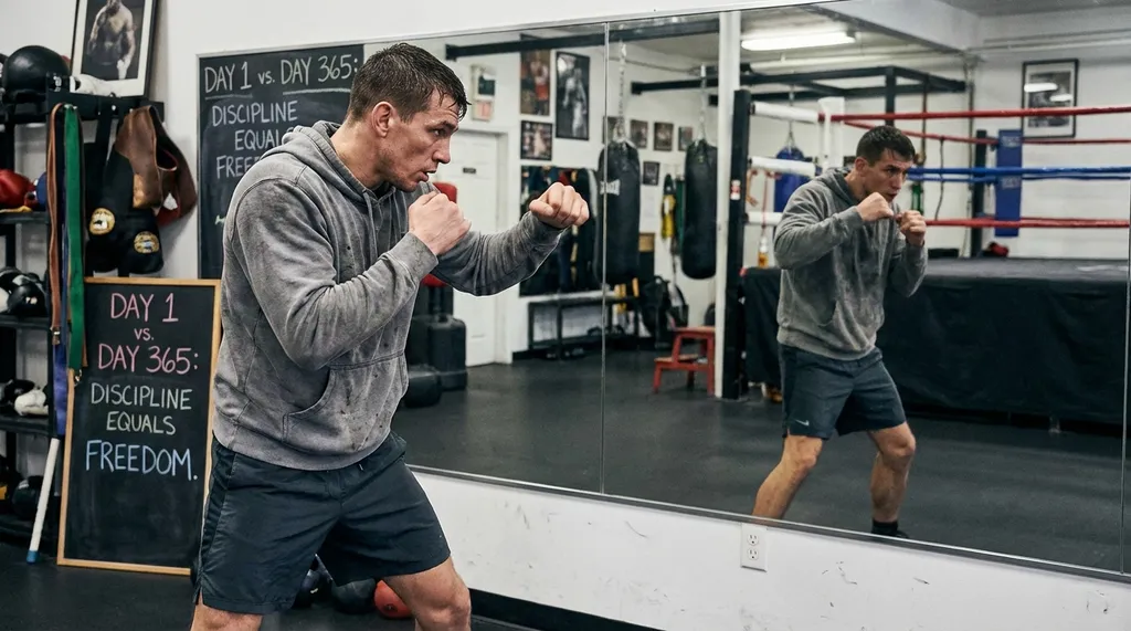 Boxer shadow boxing in front of a mirror showing lean, athletic form developed through consistent boxing training