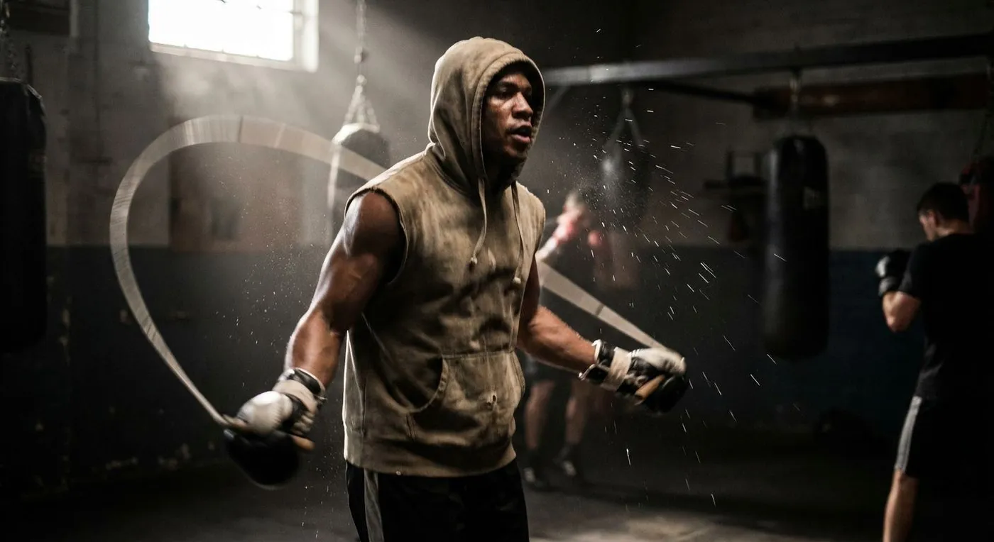Boxer throwing intense combinations at a heavy bag during a high-intensity training session, sweat visible