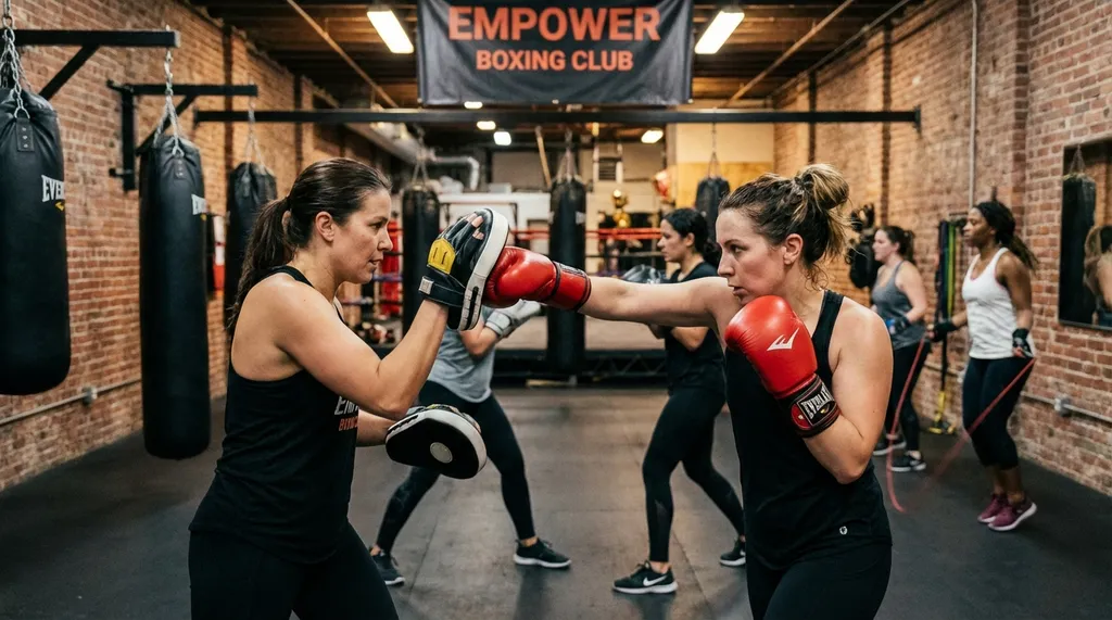 Women's boxing class in a real boxing gym, two women training together on pads with focused expressions