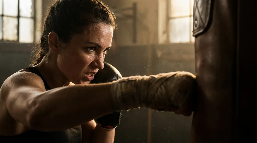 Close-up of a woman boxer throwing a powerful hook at a heavy bag with determination and proper technique