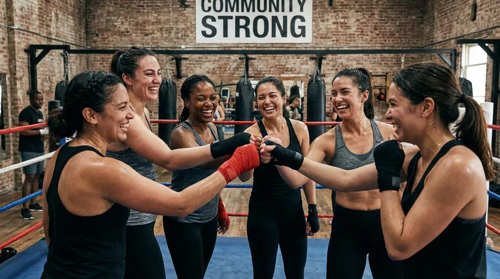 Group of women celebrating together after a boxing class, fist bumps and smiles, sweaty and energised