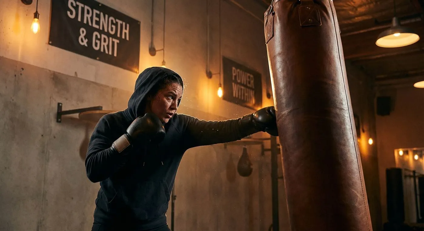 Women training together on boxing pads in a real boxing gym, focused expressions and proper technique