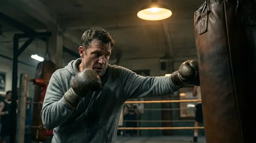 Mature man in his fifties training on a heavy bag at a boxing gym, focused and composed